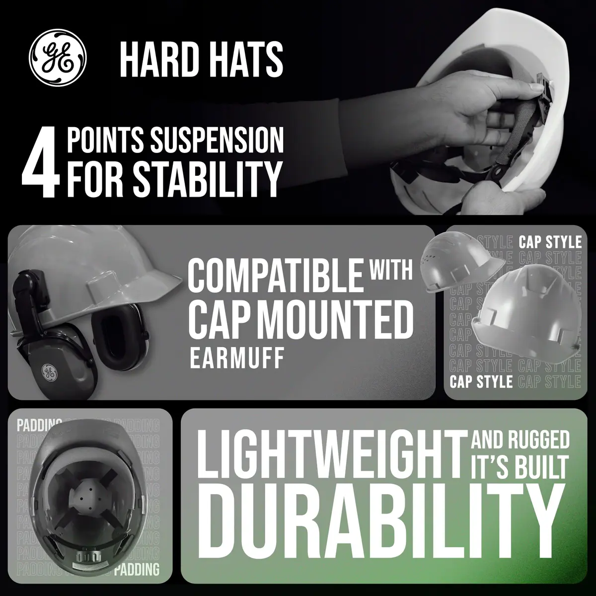 GE Cap Style Hard Hat, 4-Point Ratchet Suspension, Green (Vented) | ANSI Class C Impact Safety - view 5