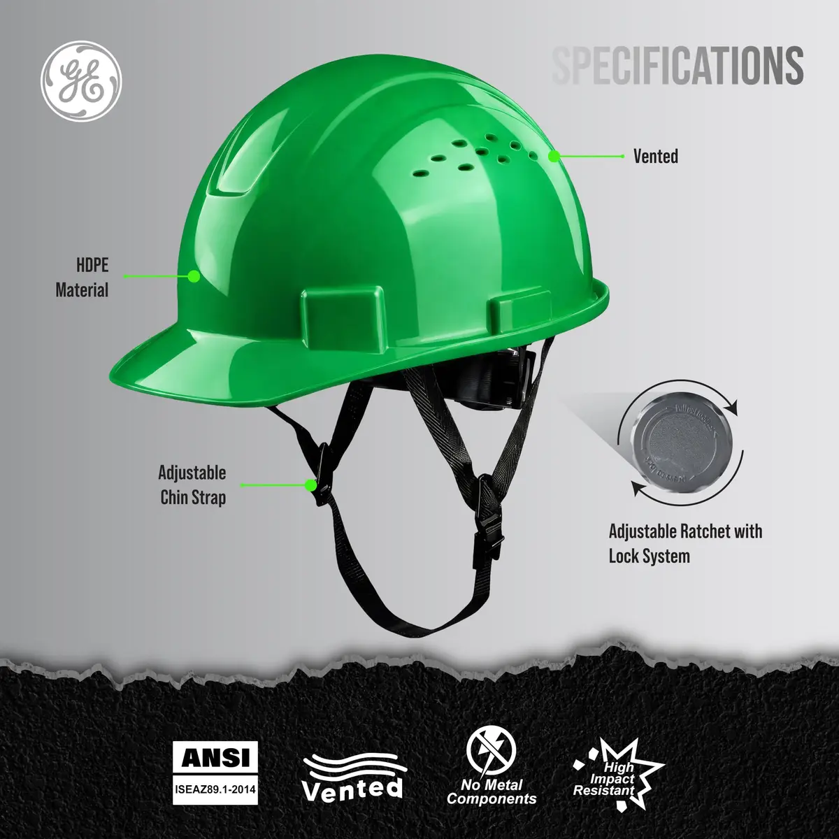 GE Cap Style Hard Hat, 4-Point Ratchet Suspension, Green (Vented) | ANSI Class C Impact Safety - view 2