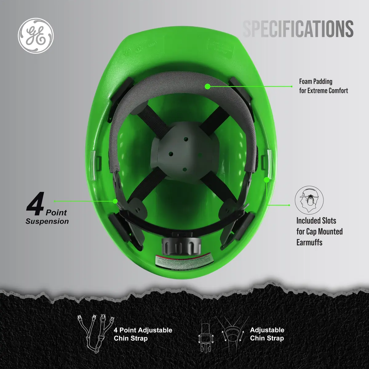 GE Cap Style Hard Hat, 4-Point Ratchet Suspension, Green (Vented) | ANSI Class C Impact Safety - view 3