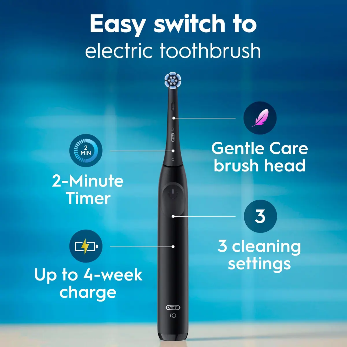 Oral-B iO2 Rechargeable Electric Toothbrush Night Black | 3 Modes, Pressure Sensor, 2 Brush Heads - view 2