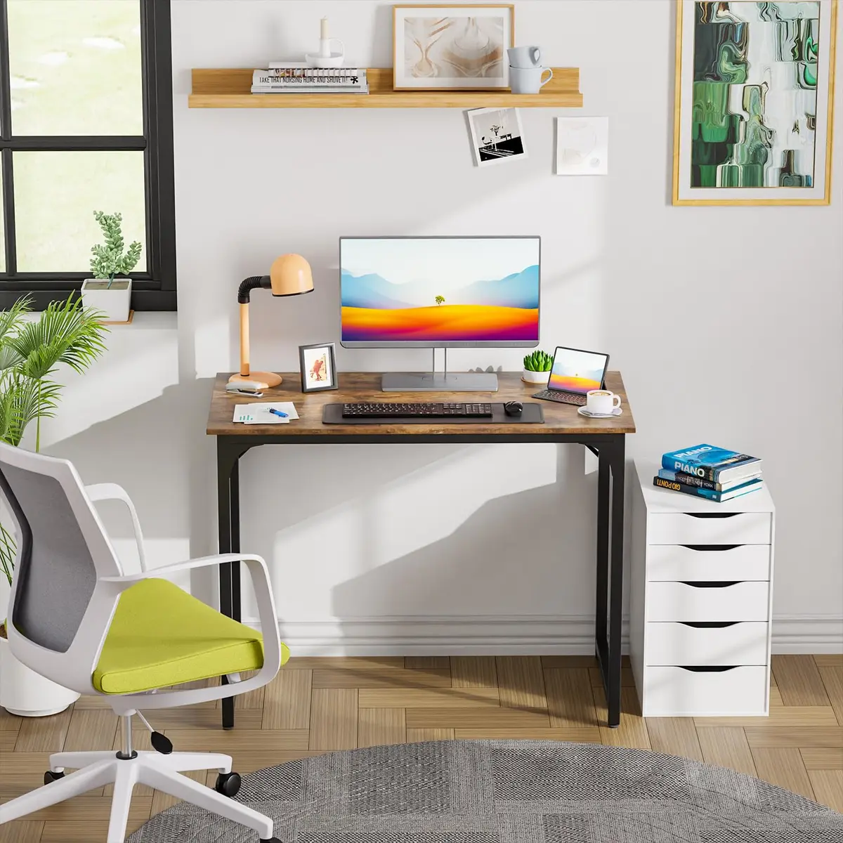 PayLessHere 39 Inch Computer Desk Brown | Sturdy Office Desk with Metal Frame & Water-Resistant Surface - view 2