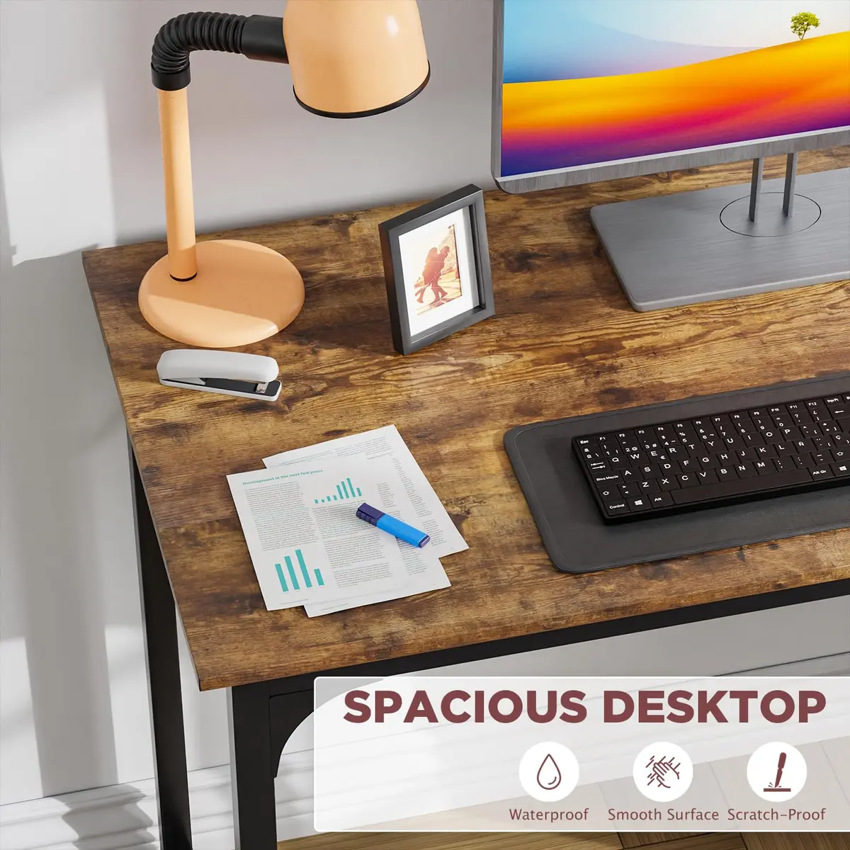 PayLessHere 39 Inch Computer Desk Brown | Sturdy Office Desk with Metal Frame & Water-Resistant Surface - view 3