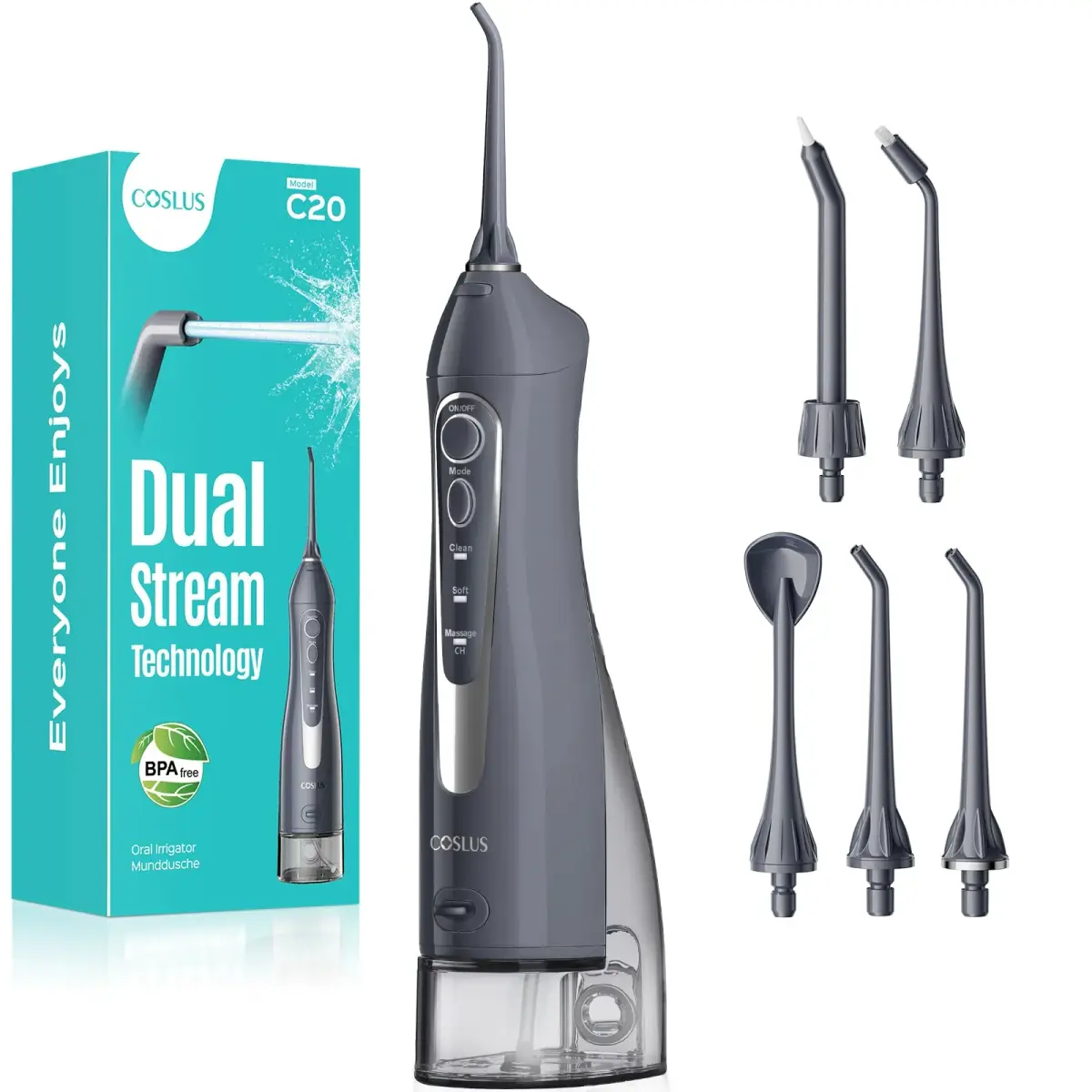 COSLUS C20 Water Dental Flosser 300ml (10.14 Fl Oz) | ADA Accepted Oral Irrigator for Healthier Gums - main product image