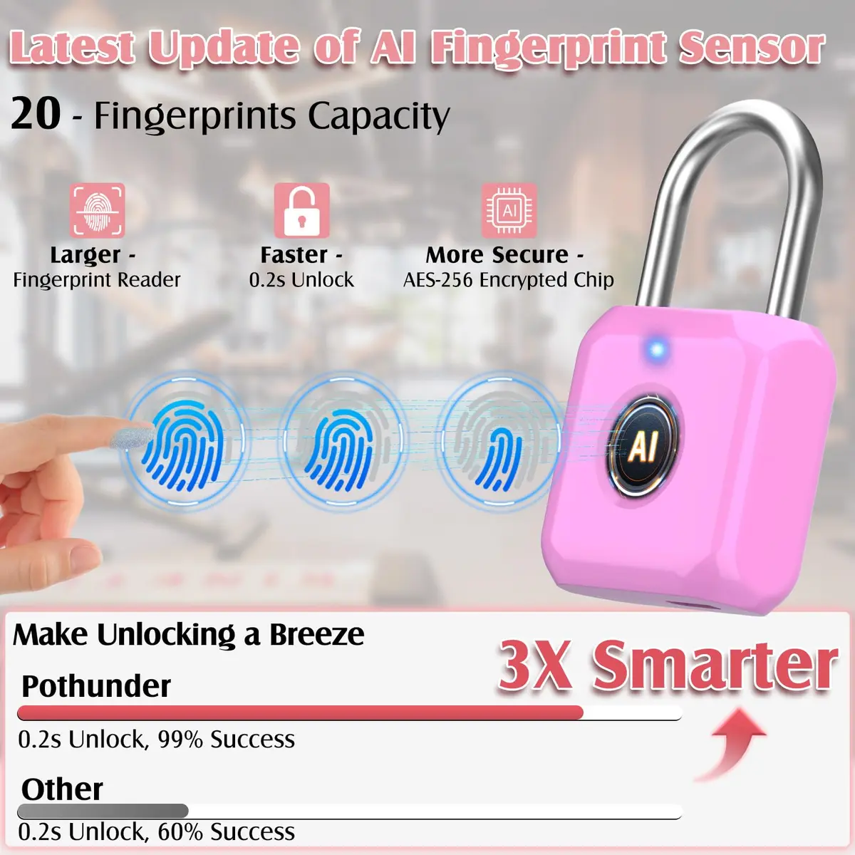 Pothunder Fingerprint Padlock, Locker Lock, Combination Lock, APP Unlock, USB Rechargeable, Suitable for Gym Locker, Door, Locker - view 3