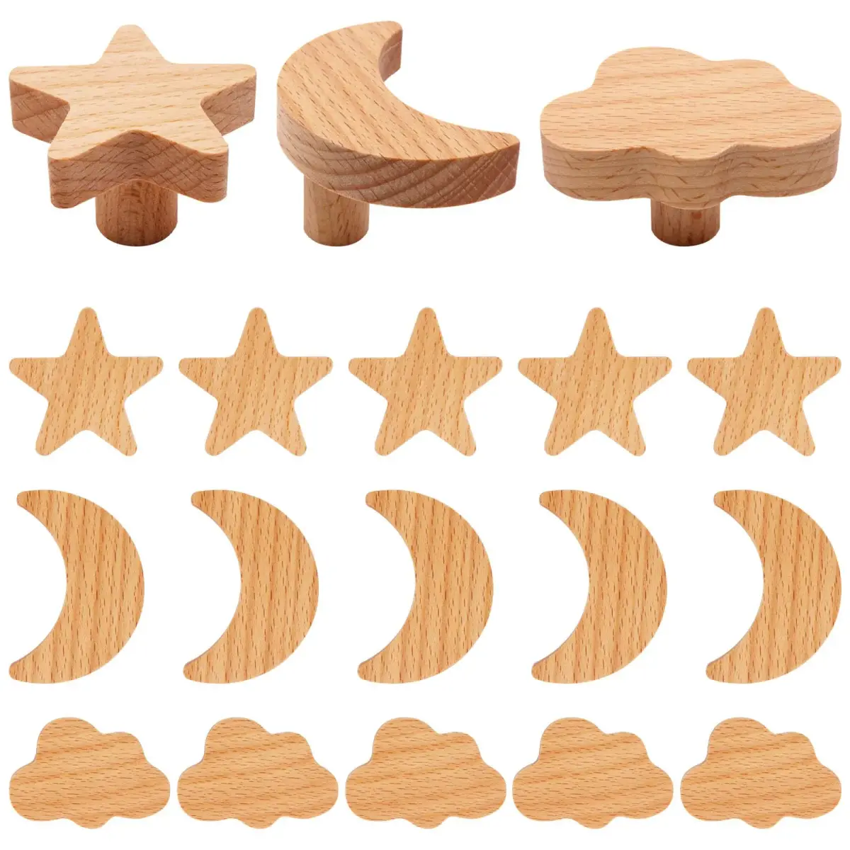 YuGtcen Star and Moon Cabinet Knobs 18-Pack | Woodland Wooden Knobs for Nursery Dressers, Cupboards, and Furniture - main product image