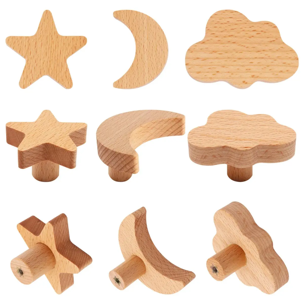 YuGtcen Star and Moon Cabinet Knobs 18-Pack | Woodland Wooden Knobs for Nursery Dressers, Cupboards, and Furniture - view 3