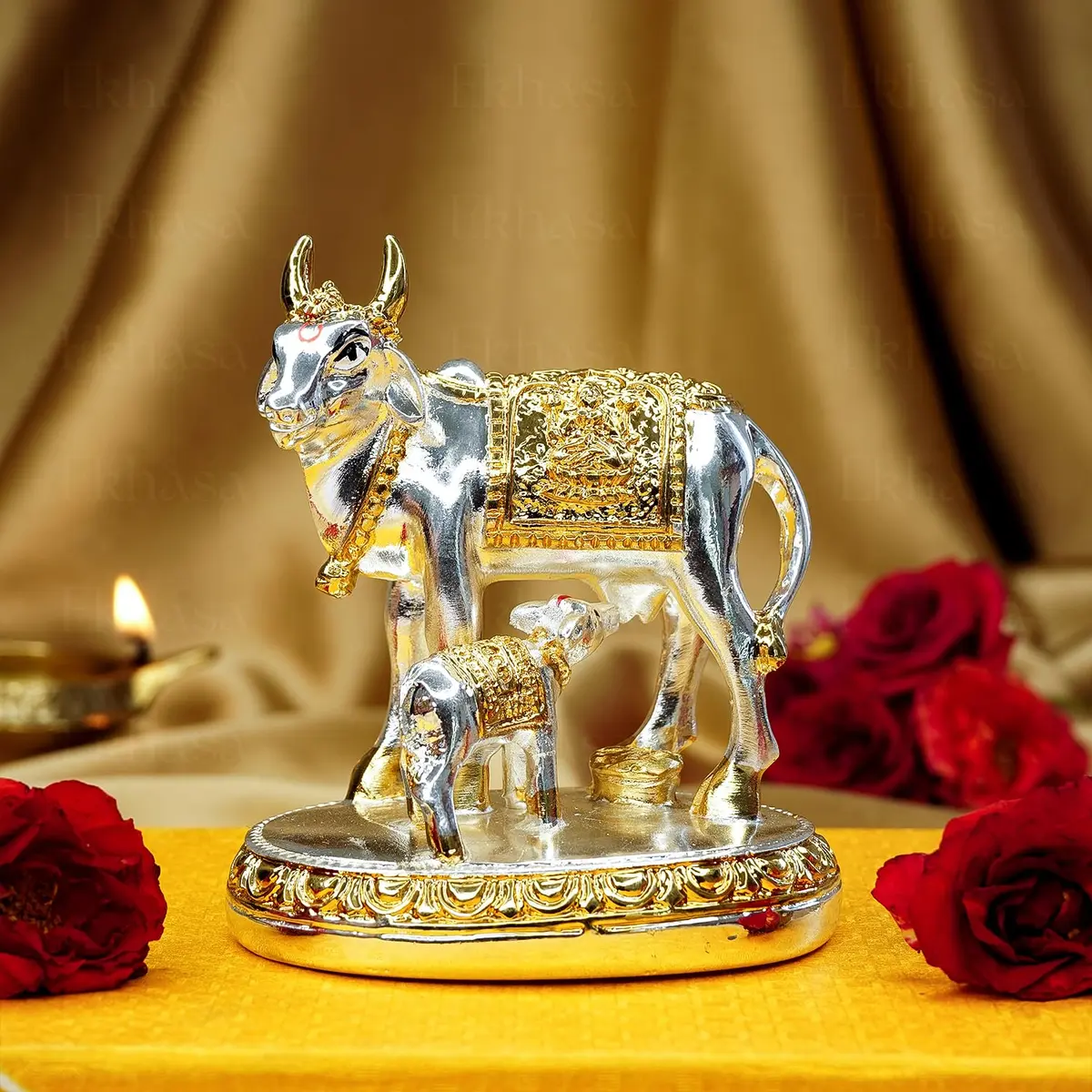 Ekhasa Silver Kamdhenu Cow with Calf Vastu Idol | Divine Cow & Calf Statue for Pooja & Home Decor - main product image