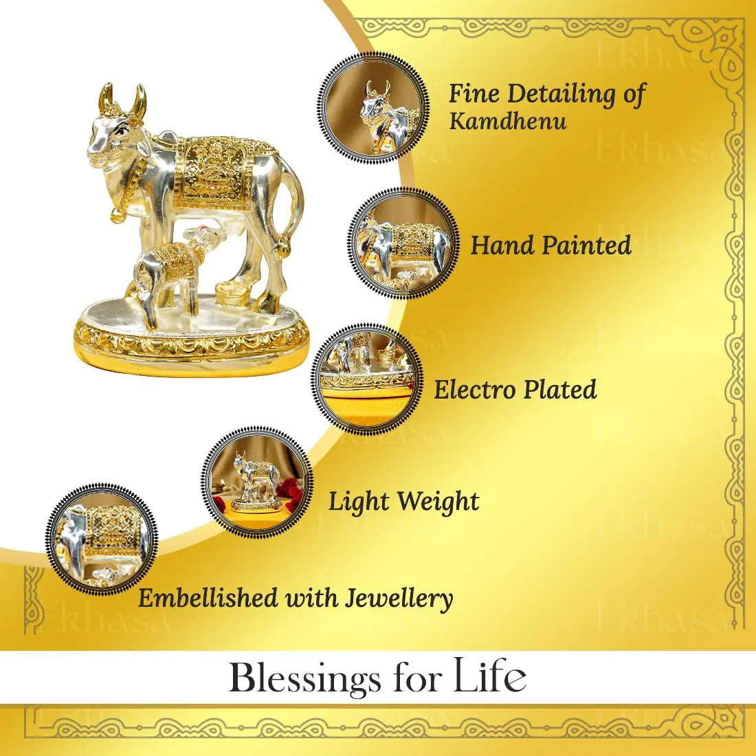 Ekhasa Silver Kamdhenu Cow with Calf Vastu Idol | Divine Cow & Calf Statue for Pooja & Home Decor - view 2