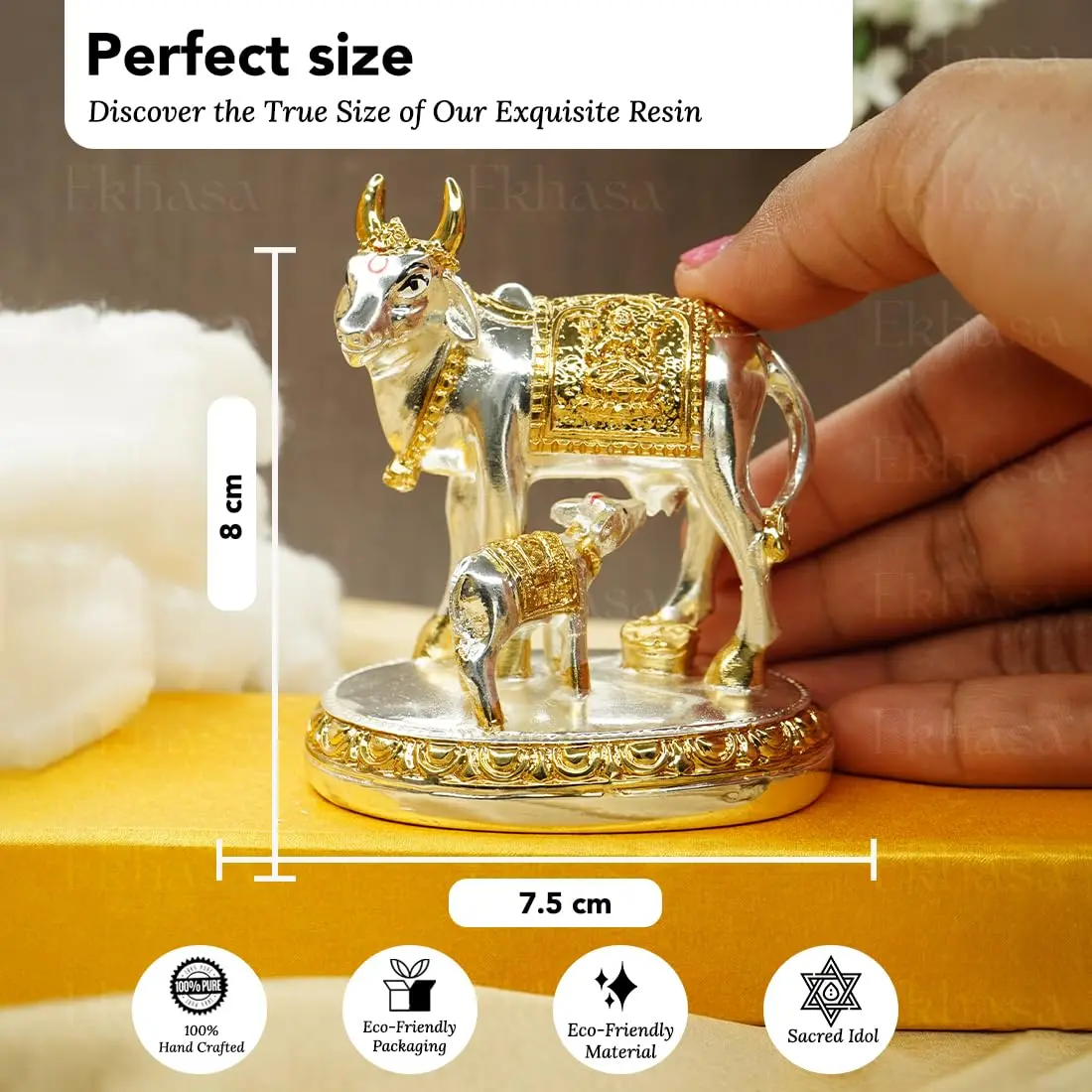 Ekhasa Silver Kamdhenu Cow with Calf Vastu Idol | Divine Cow & Calf Statue for Pooja & Home Decor - view 3