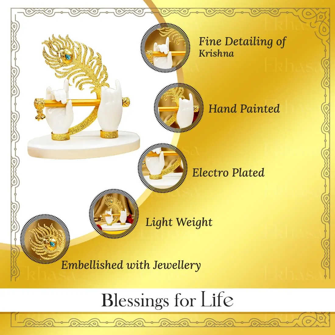 Ekhasa Lord Krishna Hands with Flute Idol | Krishna Flute Hand Statue | Krishnaji Divine Hands Idol with Flute and Peacock Feather | Krishna Statue for Car Dashboard, Living Room & Griha Pravesh Gift - view 2