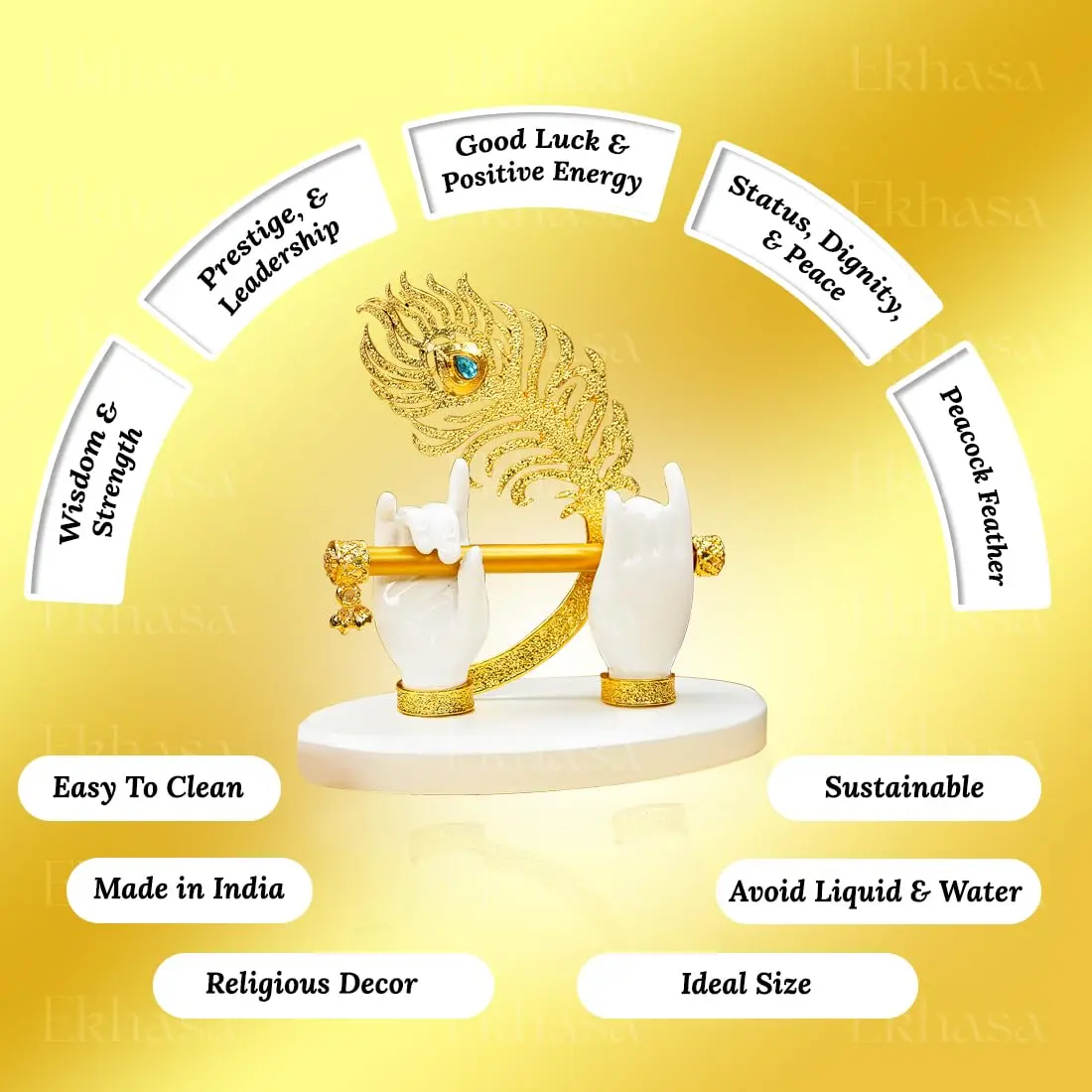 Ekhasa Lord Krishna Hands with Flute Idol | Krishna Flute Hand Statue | Krishnaji Divine Hands Idol with Flute and Peacock Feather | Krishna Statue for Car Dashboard, Living Room & Griha Pravesh Gift - view 4
