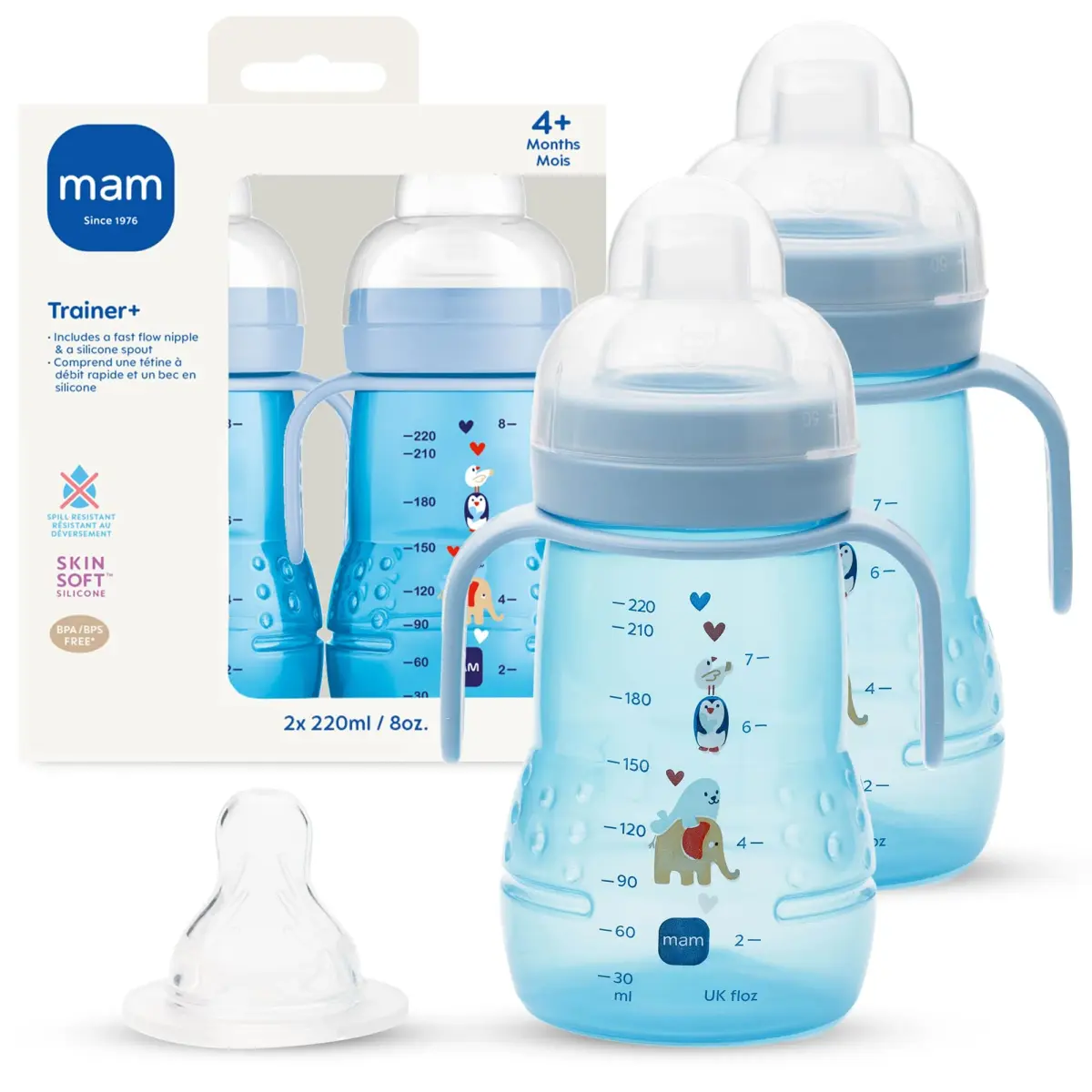 MAM 8 oz 2-in-1 Trainer & Sippy Cup with Nipple & Spout, 4+ Months, 2 Pack | Spill-Proof, BPA-Free, Made in Europe - main product image