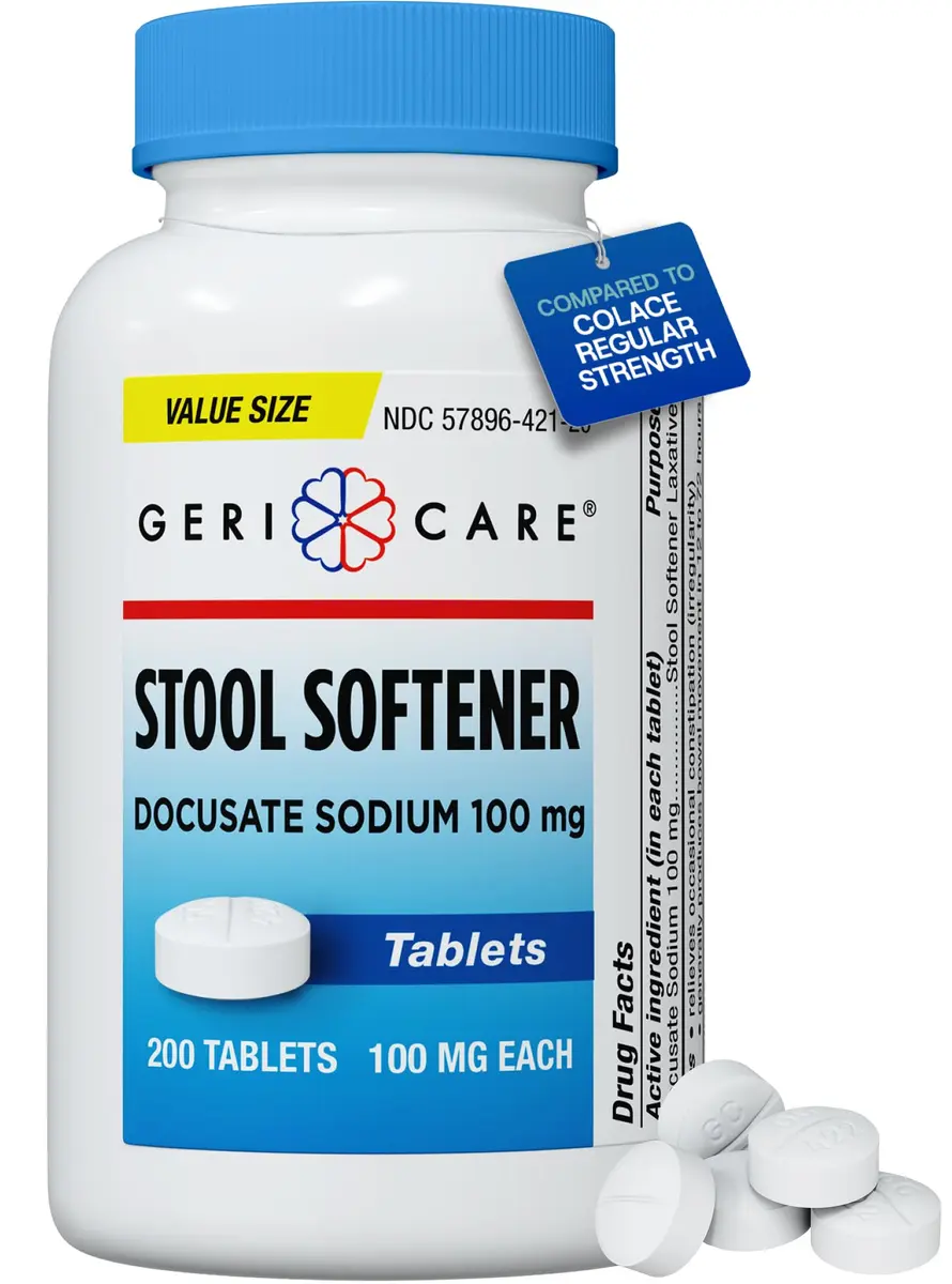 GeriCare Docusate Sodium Stool Softeners 100mg | 200 Crushable Tablets | Dye Free, Made in The USA - main product image