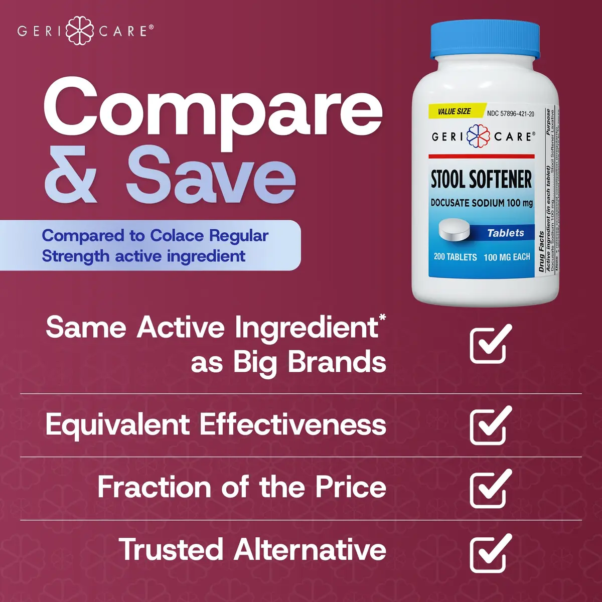 GeriCare Docusate Sodium Stool Softeners 100mg | 200 Crushable Tablets | Dye Free, Made in The USA - view 8