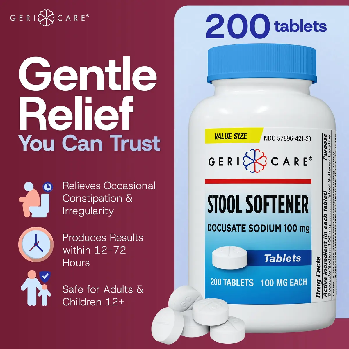 GeriCare Docusate Sodium Stool Softeners 100mg | 200 Crushable Tablets | Dye Free, Made in The USA - view 2