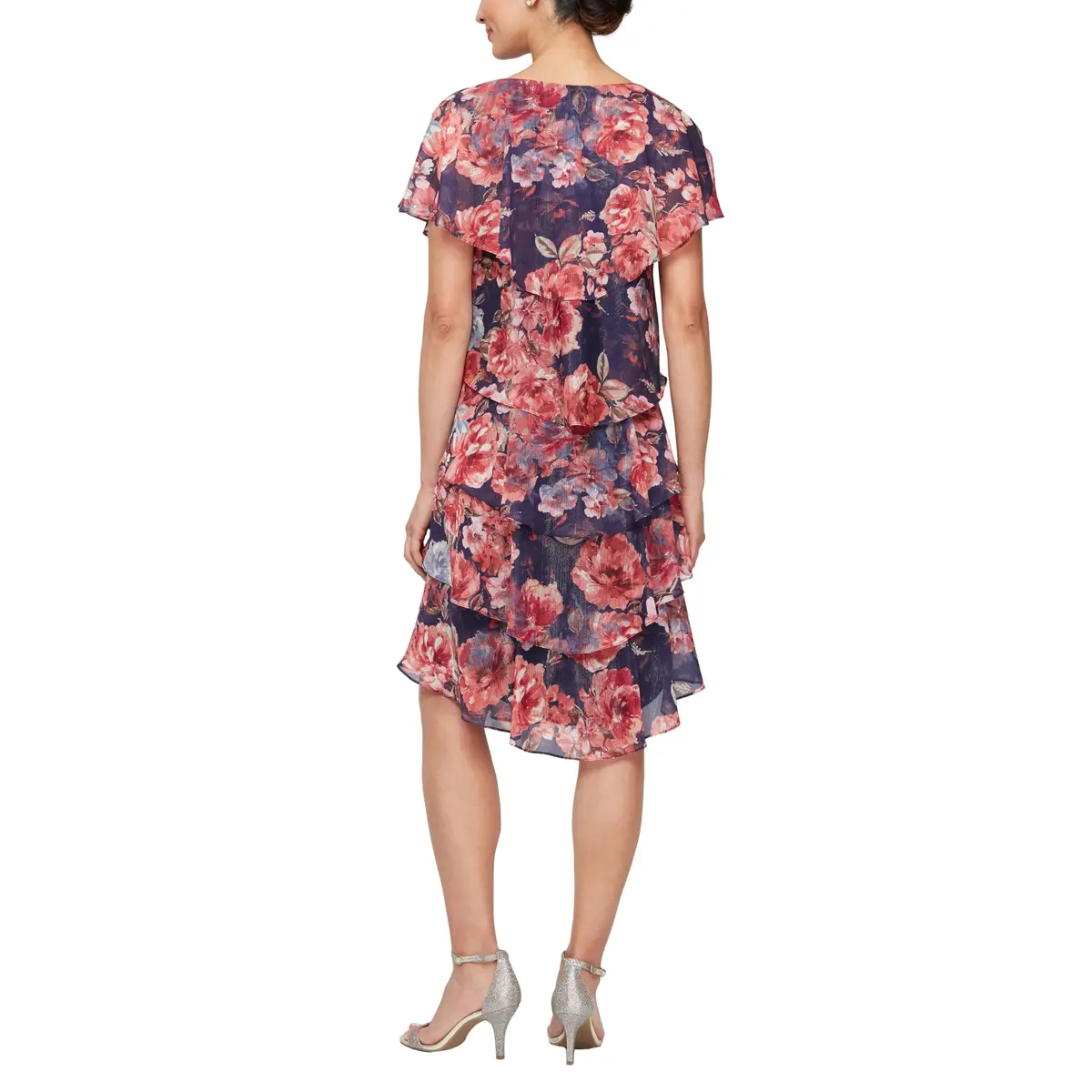 S.L. Fashions Women's Short Sleeve Floral Tiered Chiffon Cocktail Dress, Plum Multi, Size 12 | Elegant Summer Party Wear - view 2