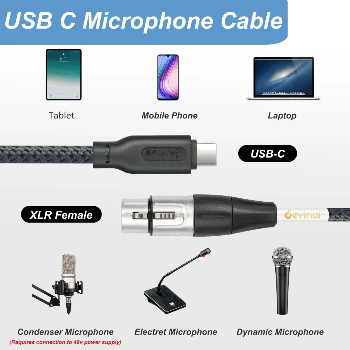 Devinal Upgrade XLR Female to USB C Cable 3m (10ft) | Balanced Mic Recording Cord for Smartphones & MacBooks - view 2