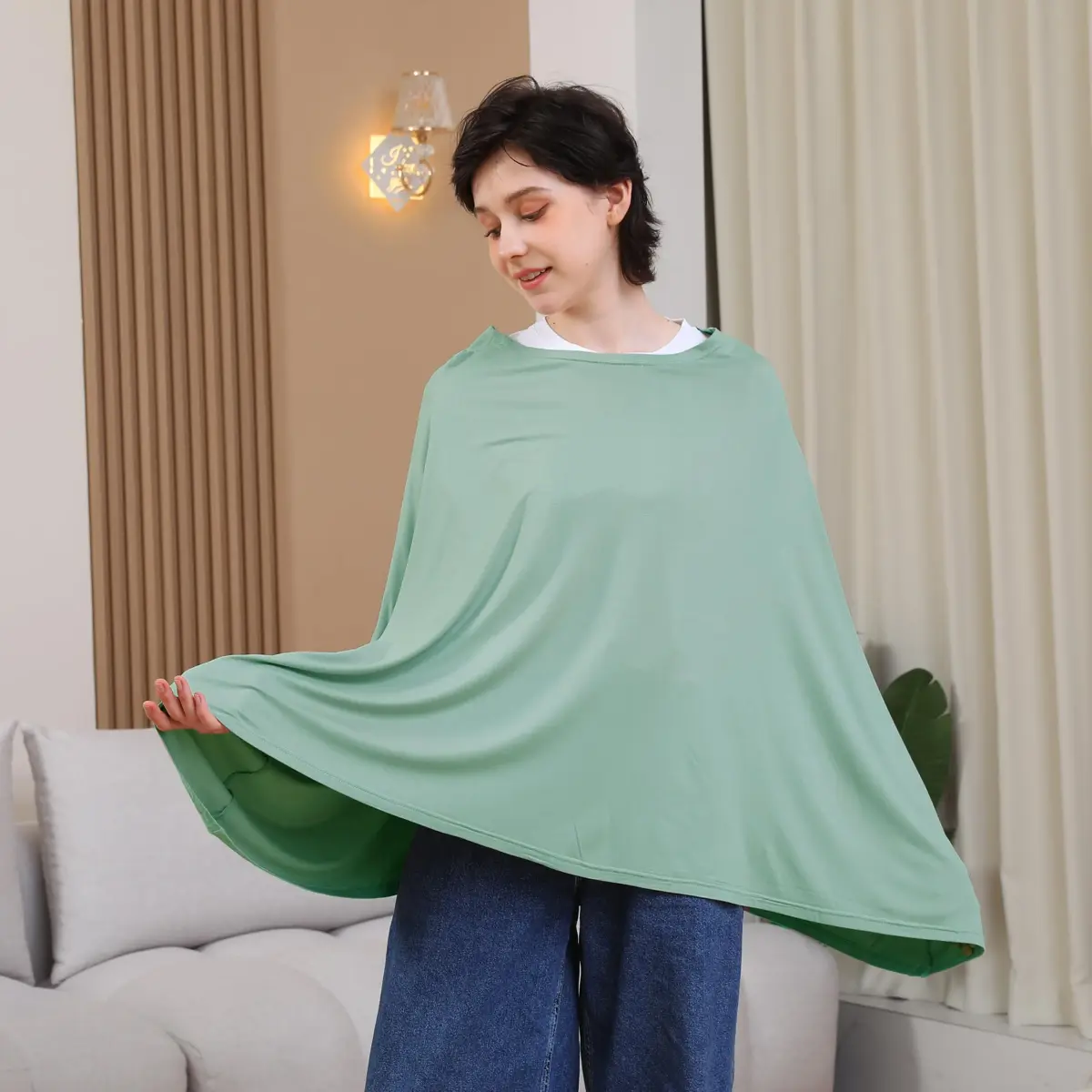 Seejoy Nursing Cover Sage Green Smooth Rayon | 120cm (47.2" Shoulder to Bottom Hem) - 360° Coverage for Breastfeeding - view 2