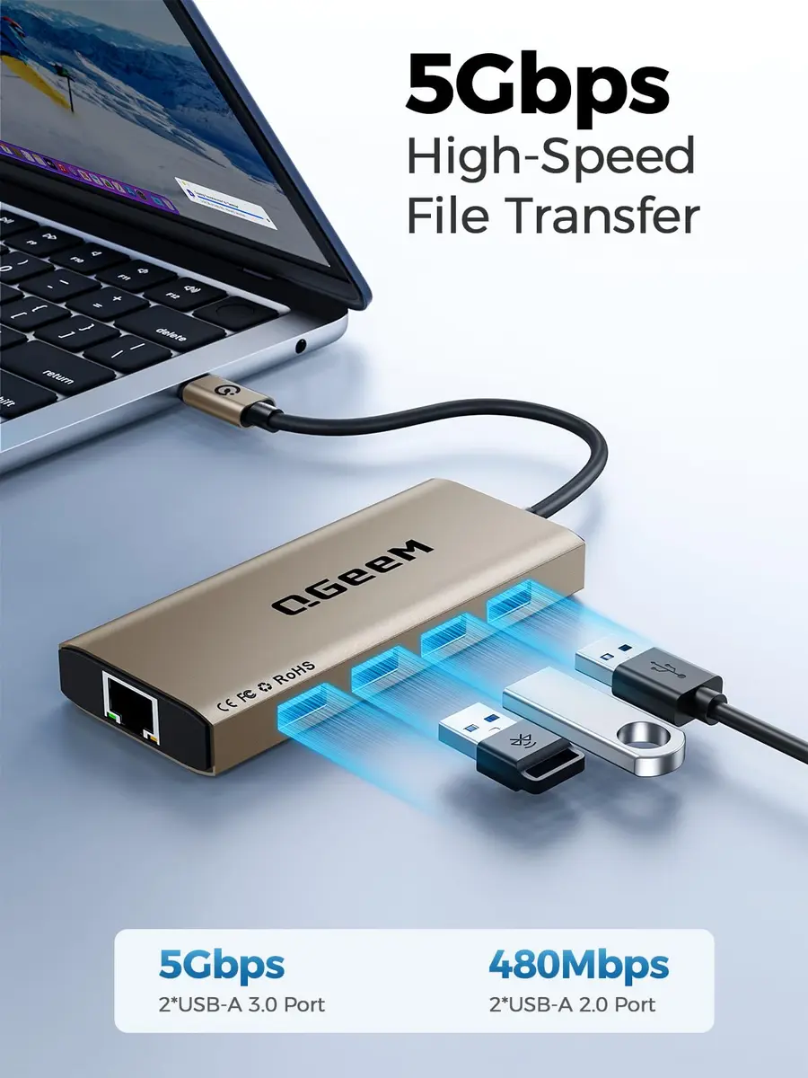 QGeeM USB C Hub 9 in 1 Multi-Port Adapter | 4K HDMI, 100W PD, Ethernet, SD/TF Card Reader - view 4