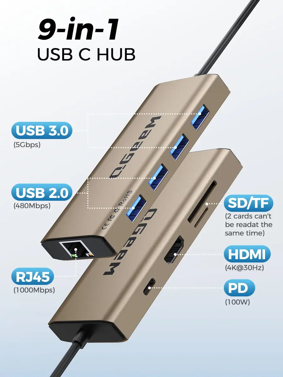 QGeeM USB C Hub 9 in 1 Multi-Port Adapter | 4K HDMI, 100W PD, Ethernet, SD/TF Card Reader - view 2