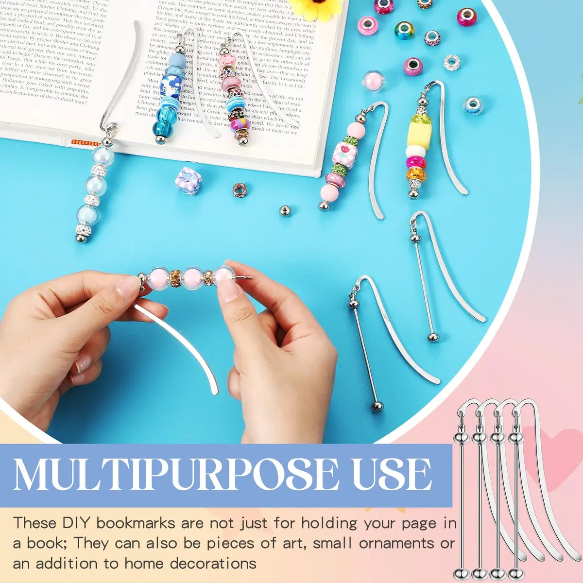 Dunzoom Beadable Bookmarks Silver 8 Pcs | DIY Metal Bar for Beads - view 2