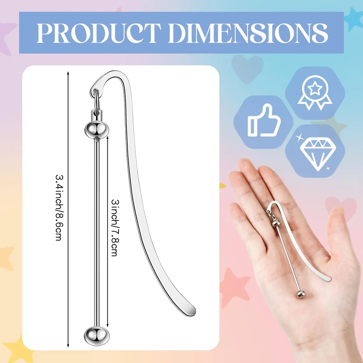 Dunzoom Beadable Bookmarks Silver 8 Pcs | DIY Metal Bar for Beads - view 3