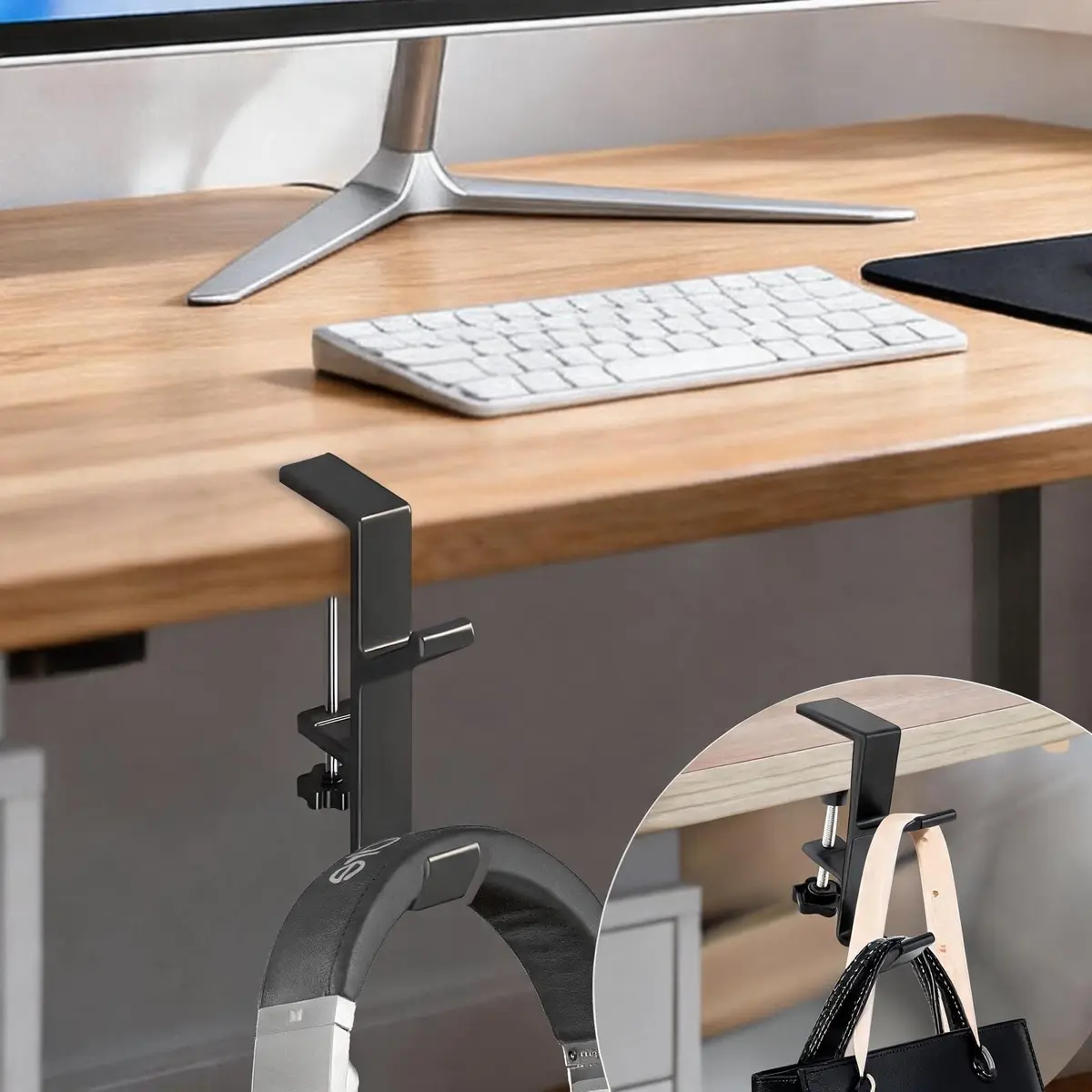 CaLeQi Black Double Hook Desk Mount Bag Holder Clamp with Adjustable Clamp & Rubber Pads | 1 Pcs, 30 lb Capacity - main product image