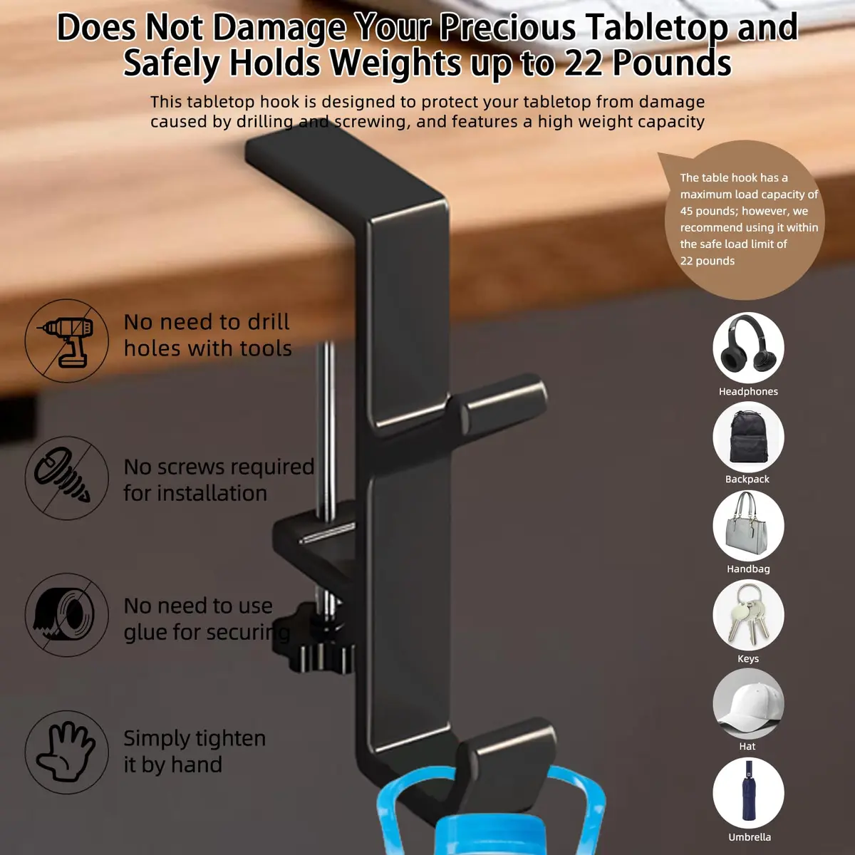 CaLeQi Black Double Hook Desk Mount Bag Holder Clamp with Adjustable Clamp & Rubber Pads | 1 Pcs, 30 lb Capacity - view 5