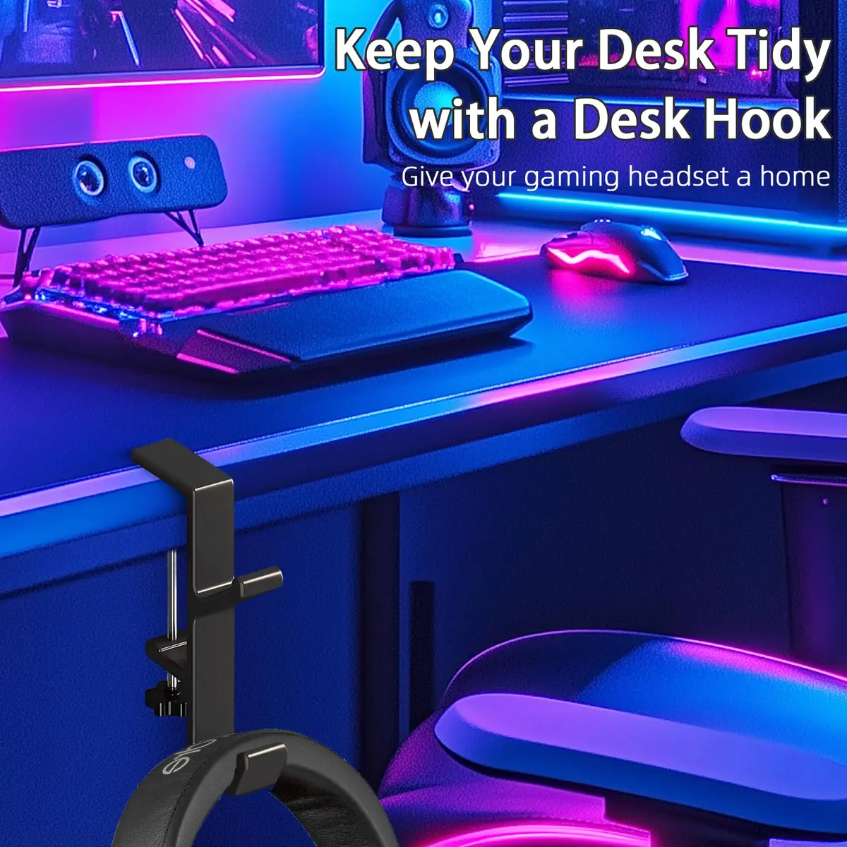 CaLeQi Black Double Hook Desk Mount Bag Holder Clamp with Adjustable Clamp & Rubber Pads | 1 Pcs, 30 lb Capacity - view 6