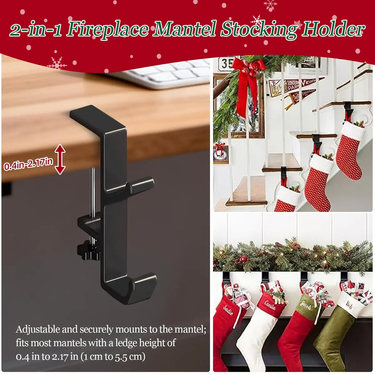 CaLeQi Black Double Hook Desk Mount Bag Holder Clamp with Adjustable Clamp & Rubber Pads | 1 Pcs, 30 lb Capacity - view 7