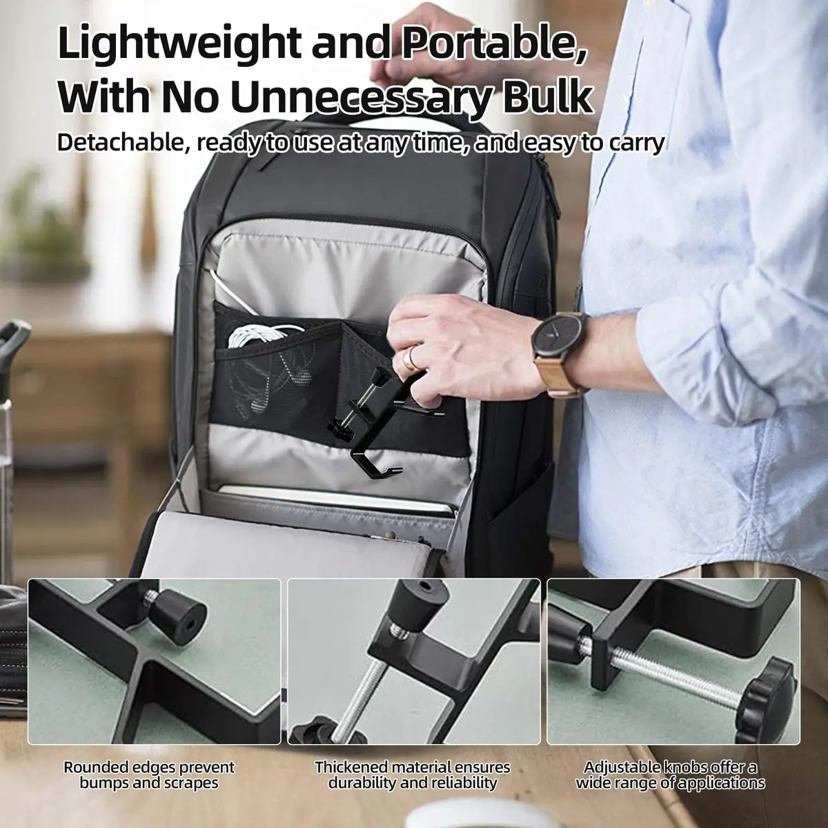 CaLeQi Black Double Hook Desk Mount Bag Holder Clamp with Adjustable Clamp & Rubber Pads | 1 Pcs, 30 lb Capacity - view 8