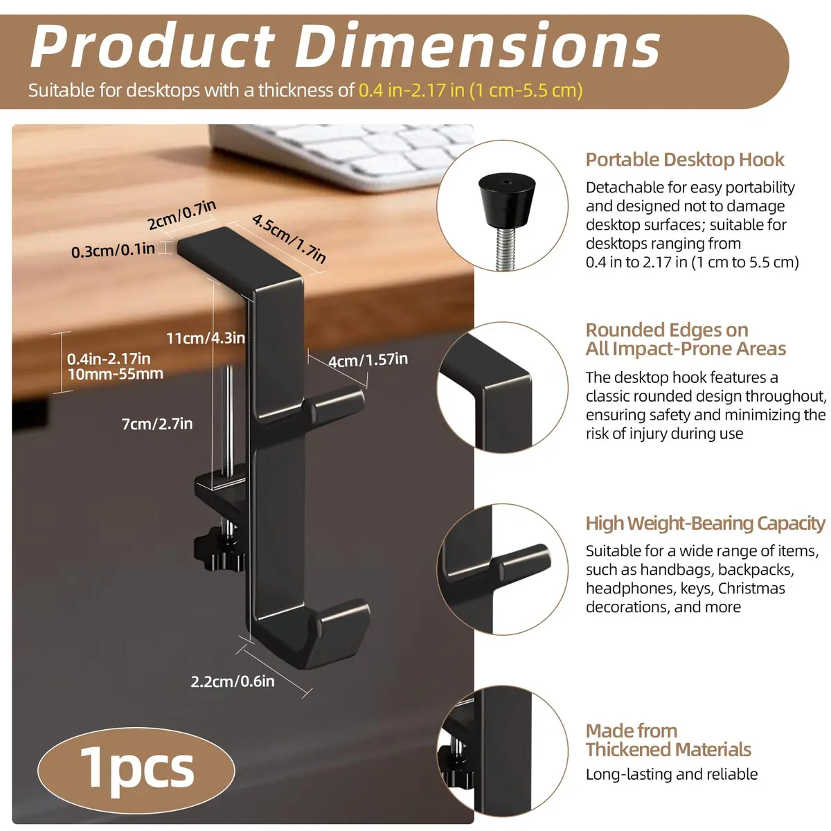 CaLeQi Black Double Hook Desk Mount Bag Holder Clamp with Adjustable Clamp & Rubber Pads | 1 Pcs, 30 lb Capacity - view 2