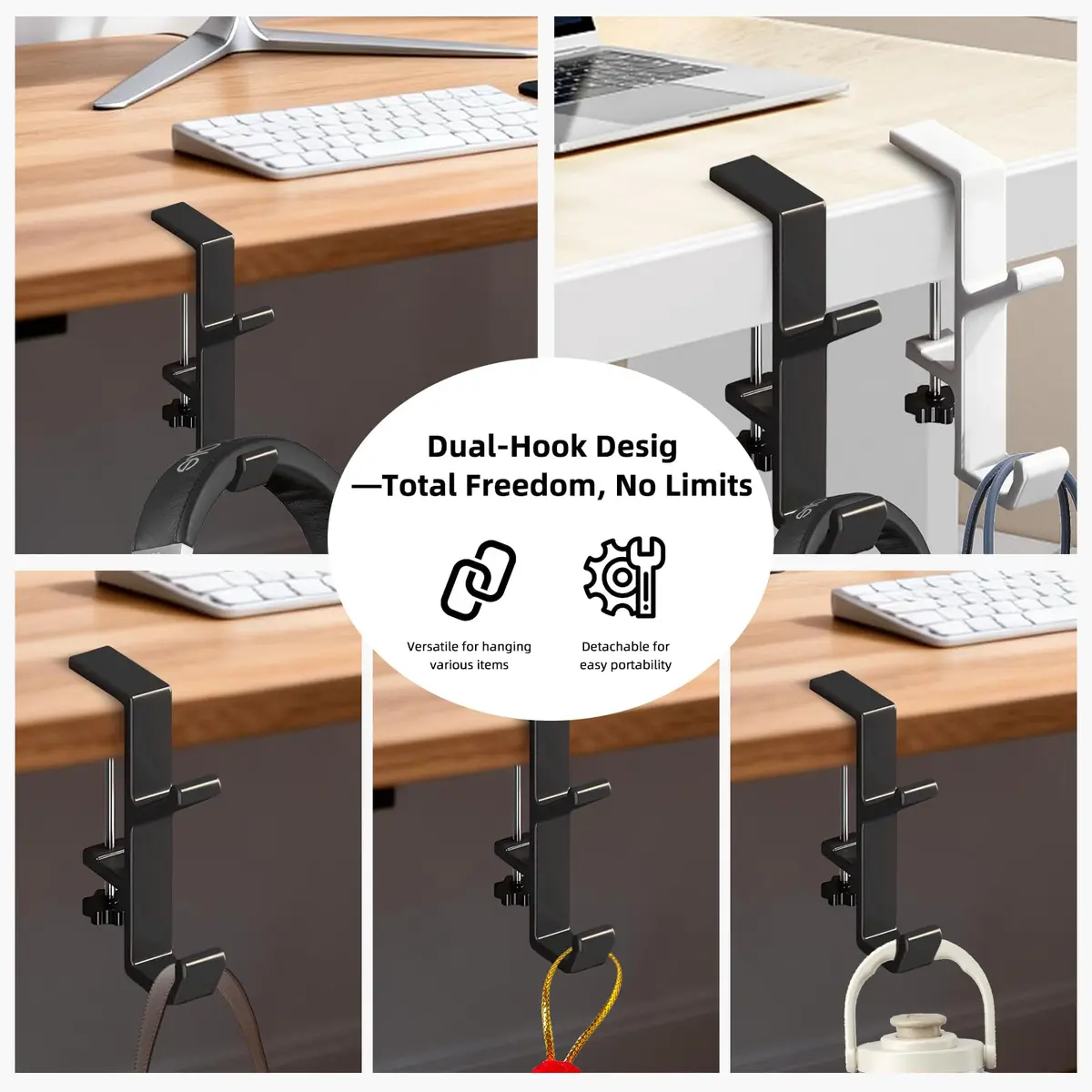 CaLeQi Black Double Hook Desk Mount Bag Holder Clamp with Adjustable Clamp & Rubber Pads | 1 Pcs, 30 lb Capacity - view 4