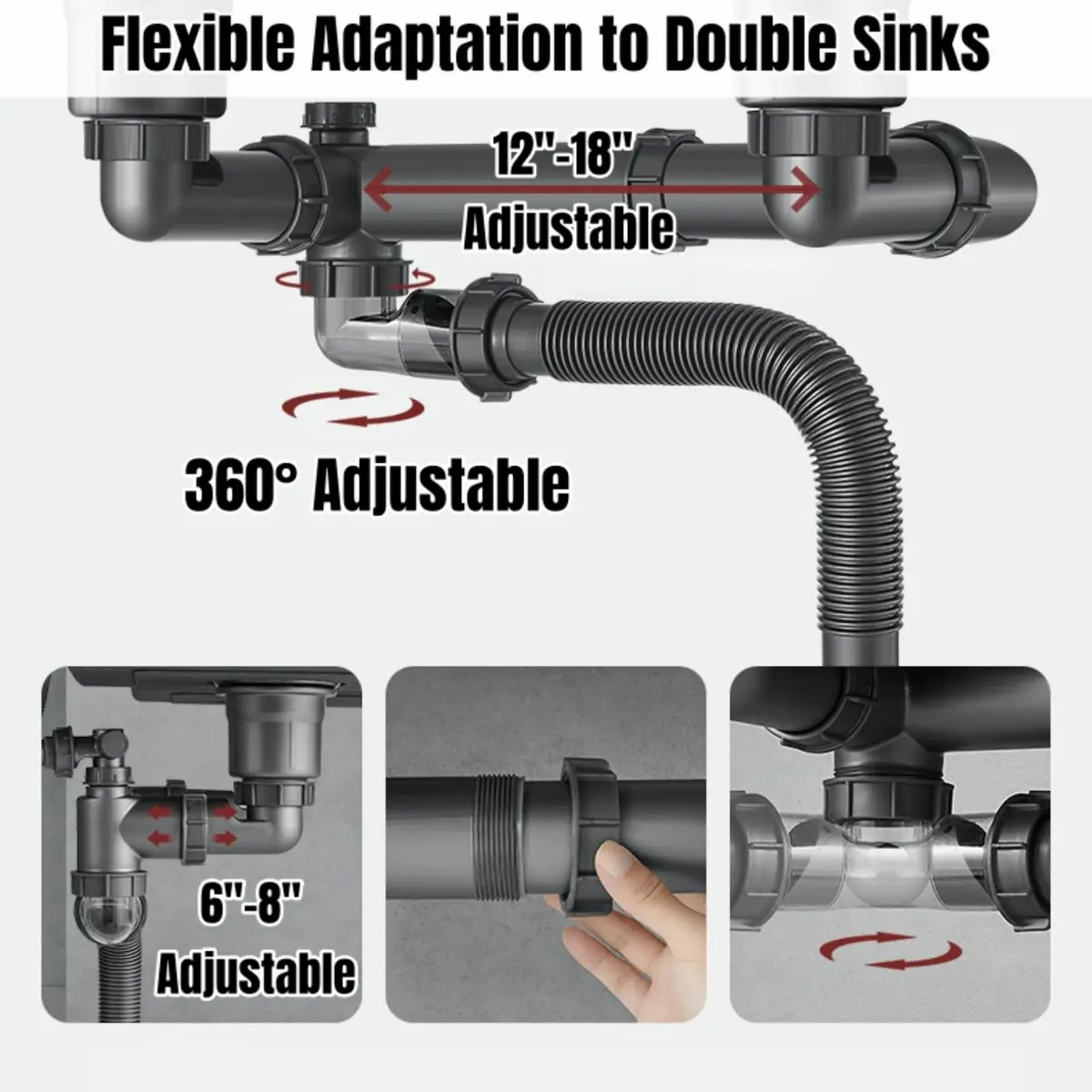 COLDDD Flexible Double Kitchen Sink Drain Kit 1-1/2 in | Space-Saving, Durable, Easy Install - view 2