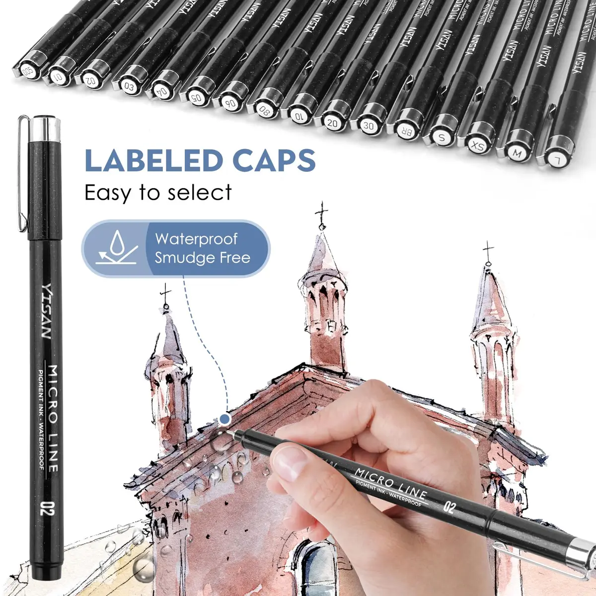 YISAN Black Drawing Art Markers Micro Fineliner Manga Pens 16 Count (Pack of 16) | Alcohol-Based Ink for Sketching & Technical Drawing - view 3