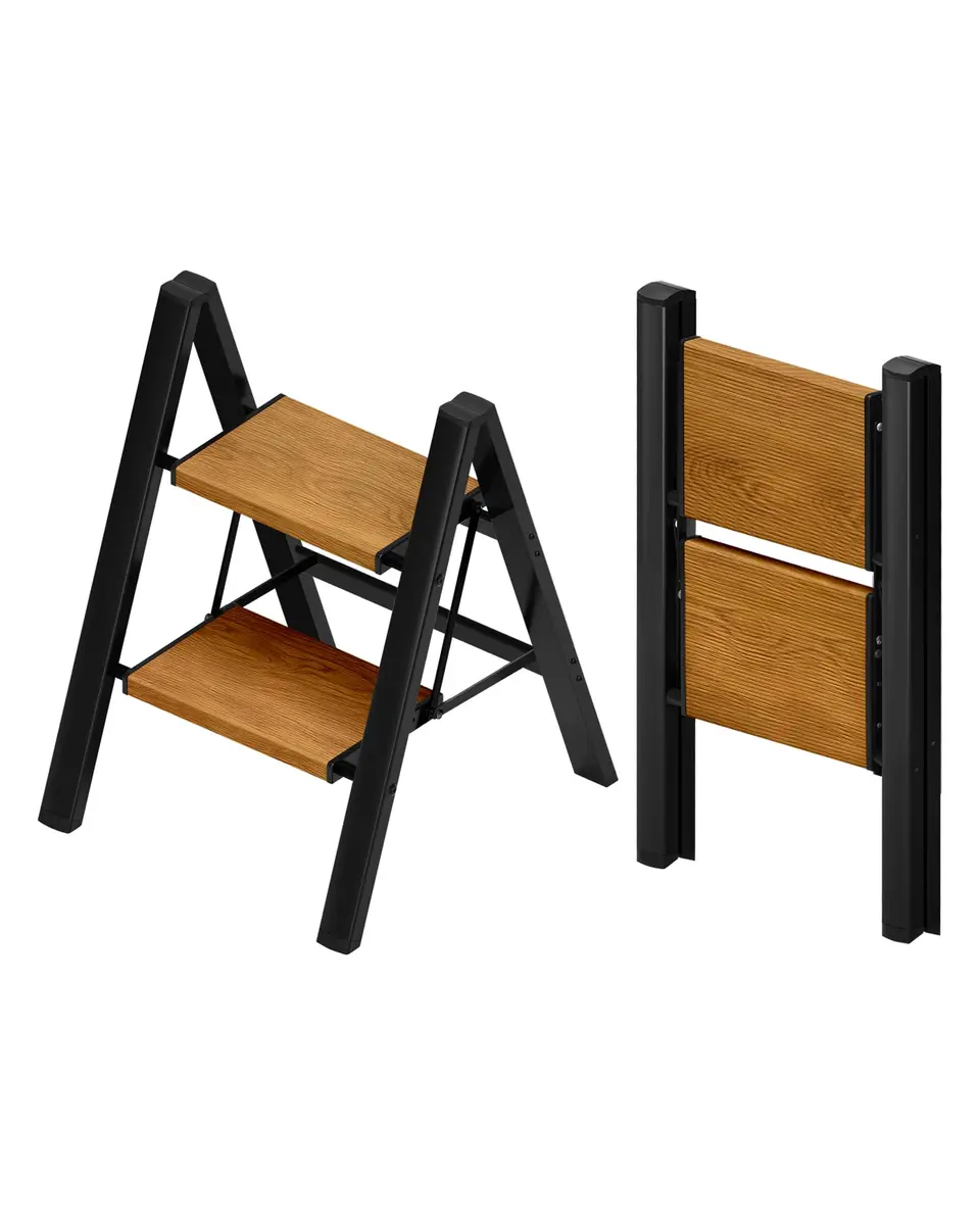 Taranta 2 Step Aluminum Ladder Foldable BlackWoodgrain | Compact, Safe & Lightweight (70-120c) - main product image