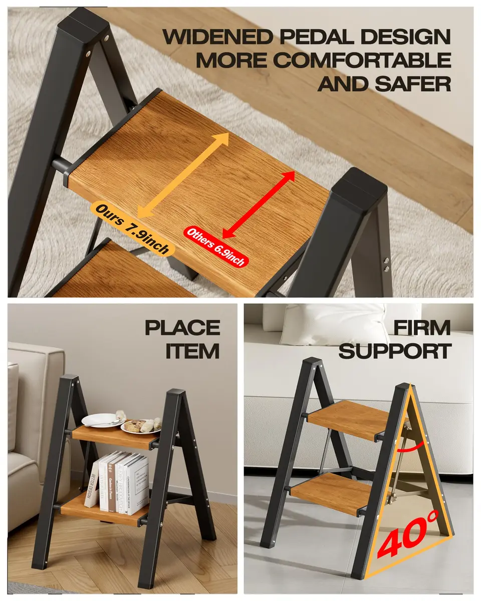 Taranta 2 Step Aluminum Ladder Foldable BlackWoodgrain | Compact, Safe & Lightweight (70-120c) - view 7