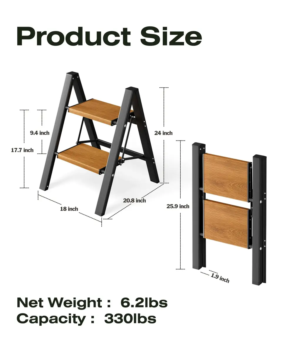 Taranta 2 Step Aluminum Ladder Foldable BlackWoodgrain | Compact, Safe & Lightweight (70-120c) - view 8
