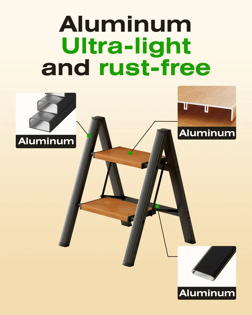 Taranta 2 Step Aluminum Ladder Foldable BlackWoodgrain | Compact, Safe & Lightweight (70-120c) - view 3