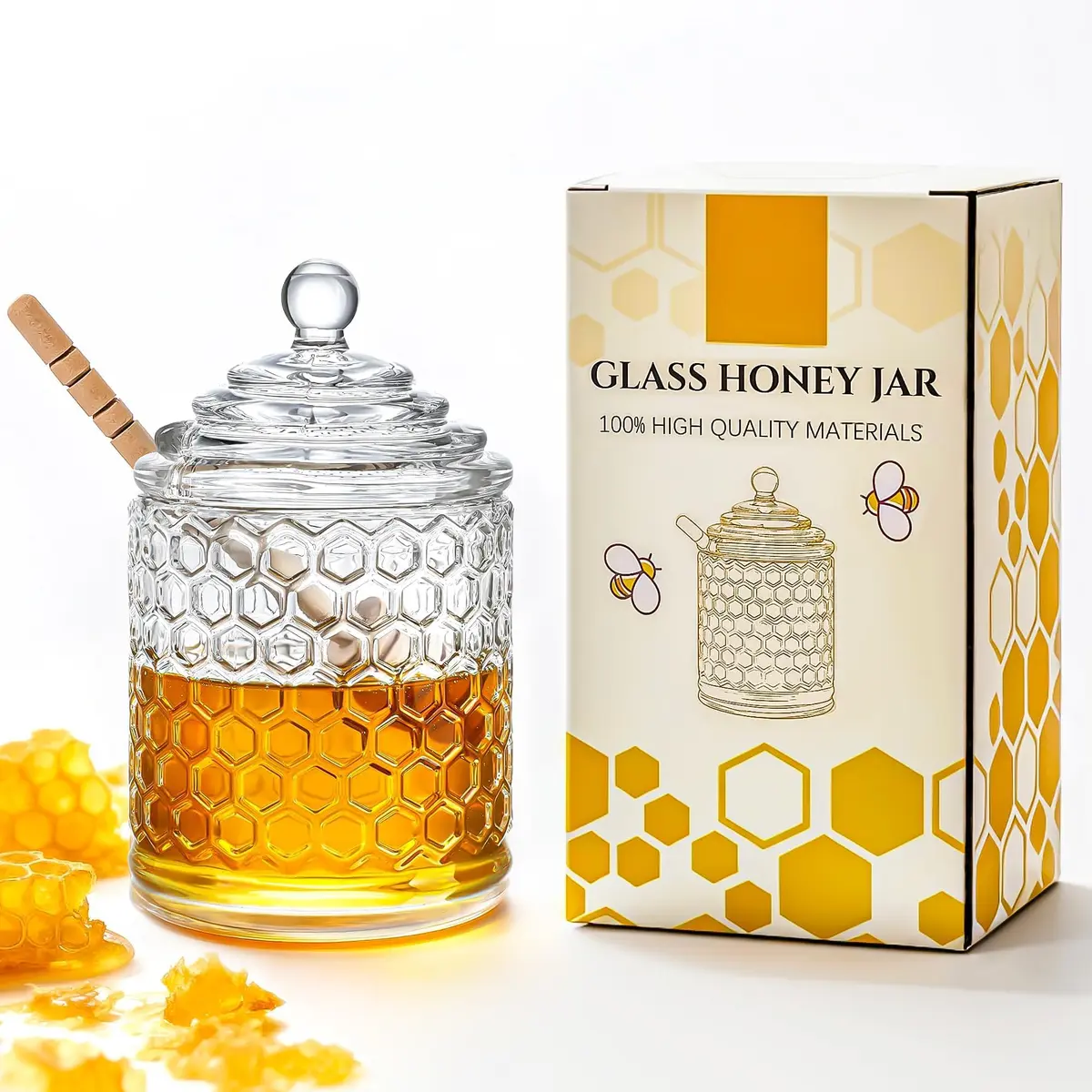 KANPURA 9 oz Crystal Honey Pot with Dipper | Glass Honey Jar Container with Dispenser - main product image