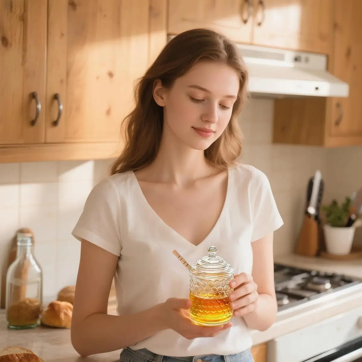 KANPURA 9 oz Crystal Honey Pot with Dipper | Glass Honey Jar Container with Dispenser - view 5