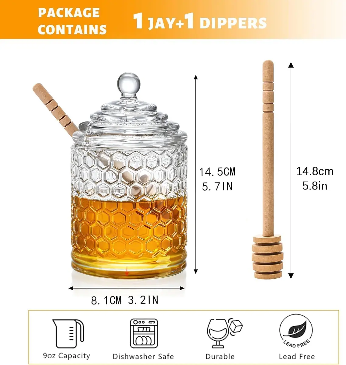 KANPURA 9 oz Crystal Honey Pot with Dipper | Glass Honey Jar Container with Dispenser - view 3