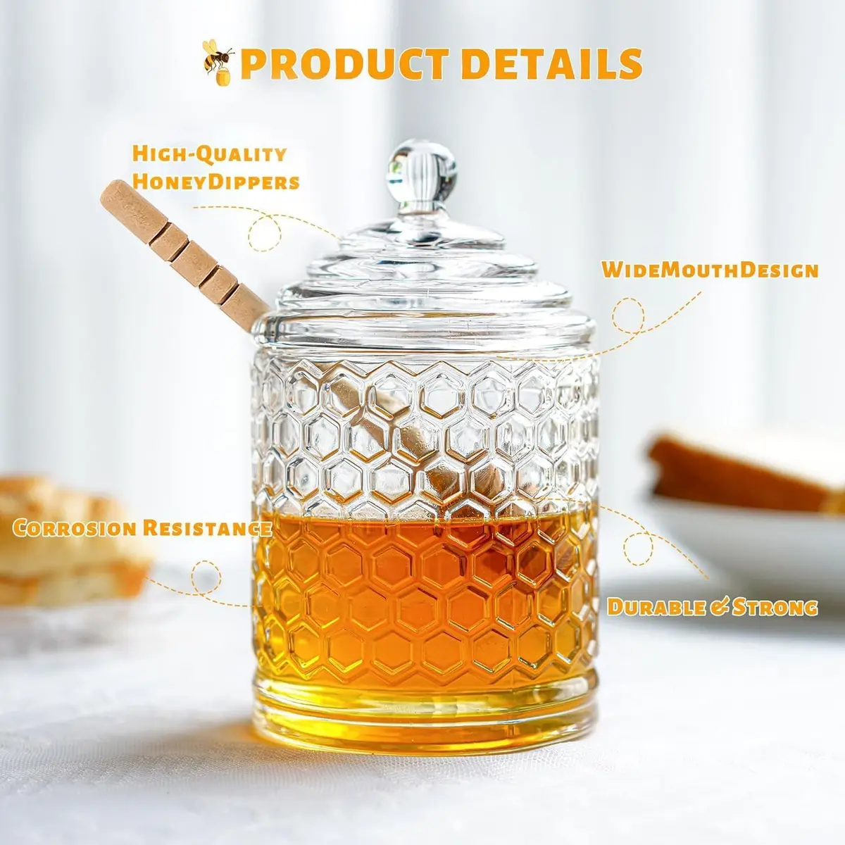 KANPURA 9 oz Crystal Honey Pot with Dipper | Glass Honey Jar Container with Dispenser - view 4
