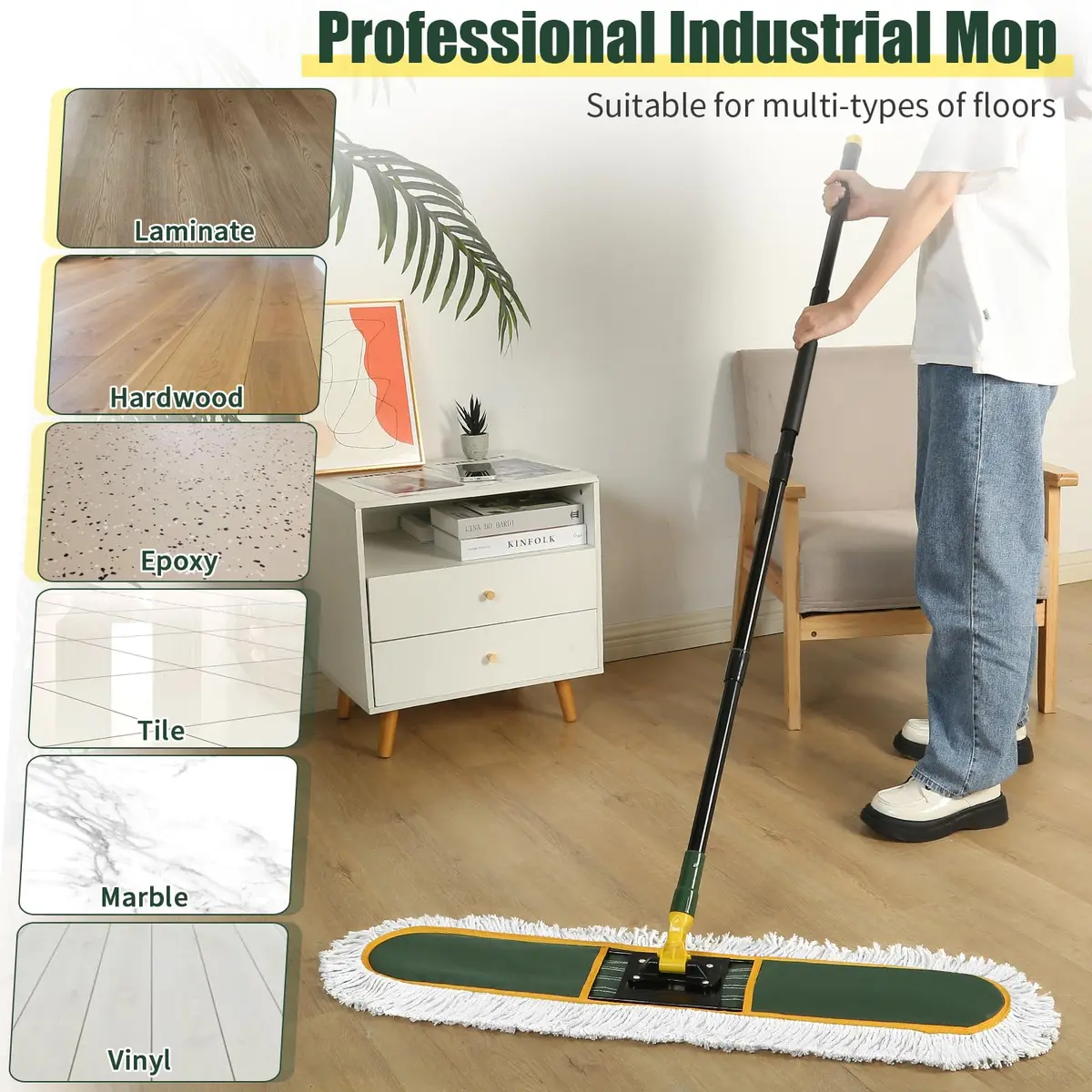 BUVE Commercial Dust Mop 91.44 cm (36 inch) | Heavy Duty Industrial Floor Cleaner with 2 Washable Cotton Pads - view 3