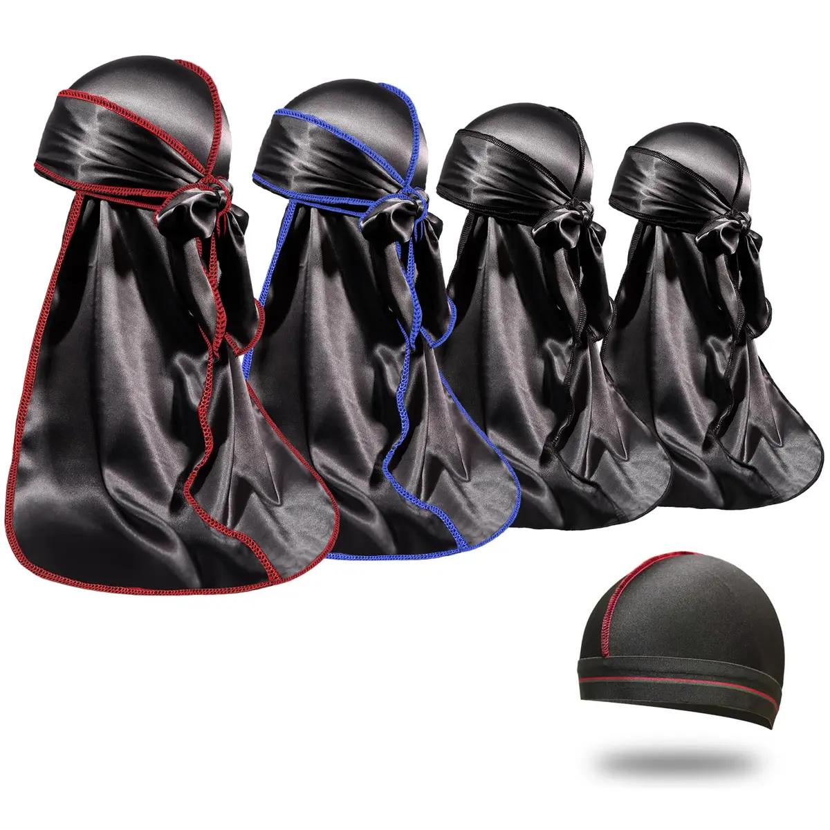 ForceWave Silky Durag and Wave Cap Set for Men & Women | 5-Piece Value Pack with Long Tails & Moisture-Tech Fabric - main product image