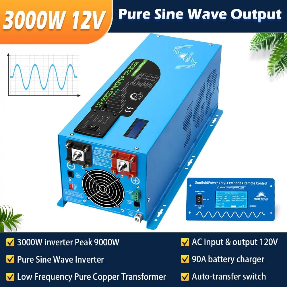 SGPWOSAY 3000W Pure Sine Wave Inverter Charger | 12V to 120V AC, Lithium Batteries, Solar Backup (3000W-2 100Ah Kit) - view 2