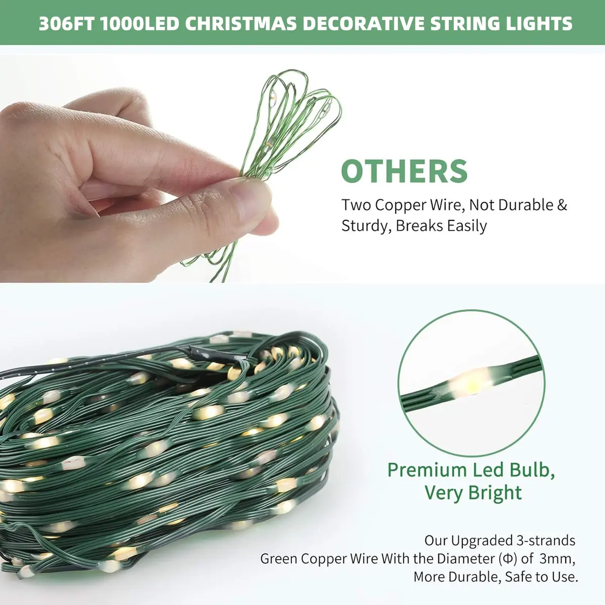 Tcamp 306FT 1000 LED Christmas Tree Lights Warm White | 92.96m 3000 LED String Lights with Timer & Memory Function - view 4