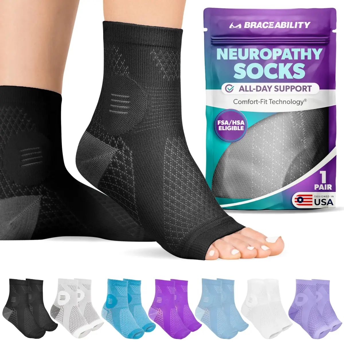 BraceAbility Neuropathy Socks Small - Black | FDA Approved Medical Compression for Nerve Pain Relief - main product image