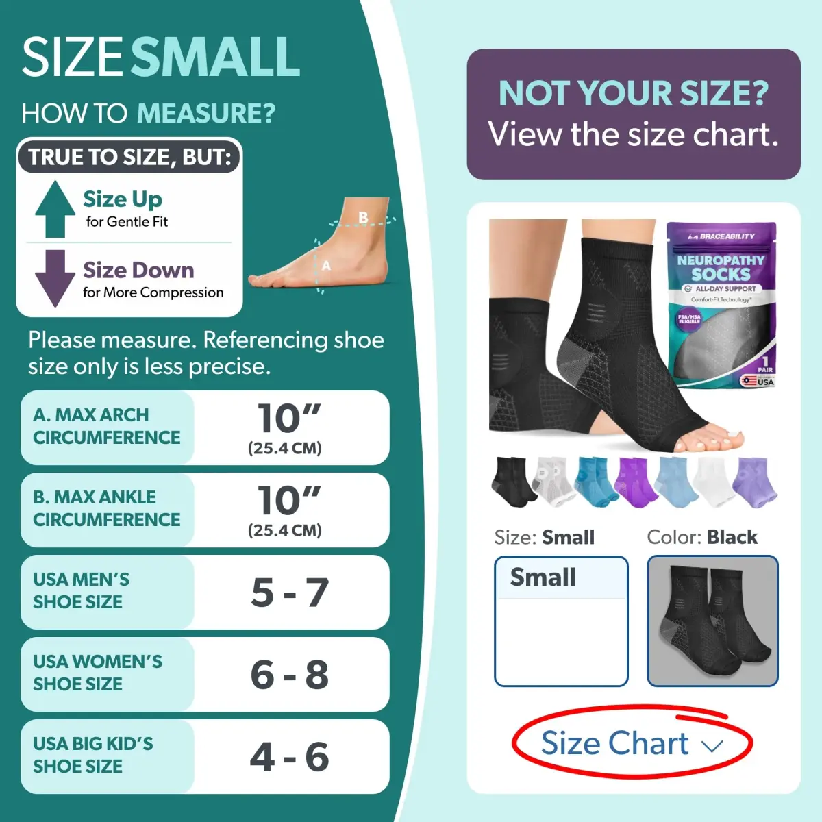 BraceAbility Neuropathy Socks Small - Black | FDA Approved Medical Compression for Nerve Pain Relief - view 2