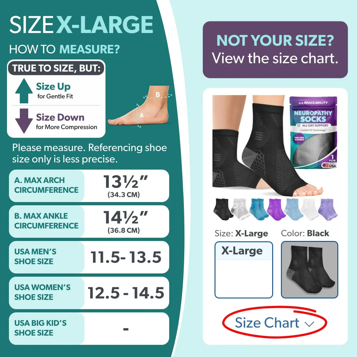 BraceAbility X-Large Black Neuropathy Socks - 1 Pair | FDA Approved Medical Compression - view 2